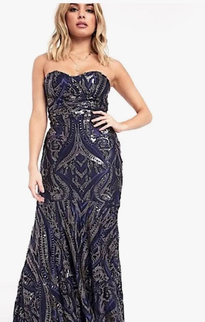 Club London Sequin Baroque Strapless Fishtail Maxi Dress Size US 4